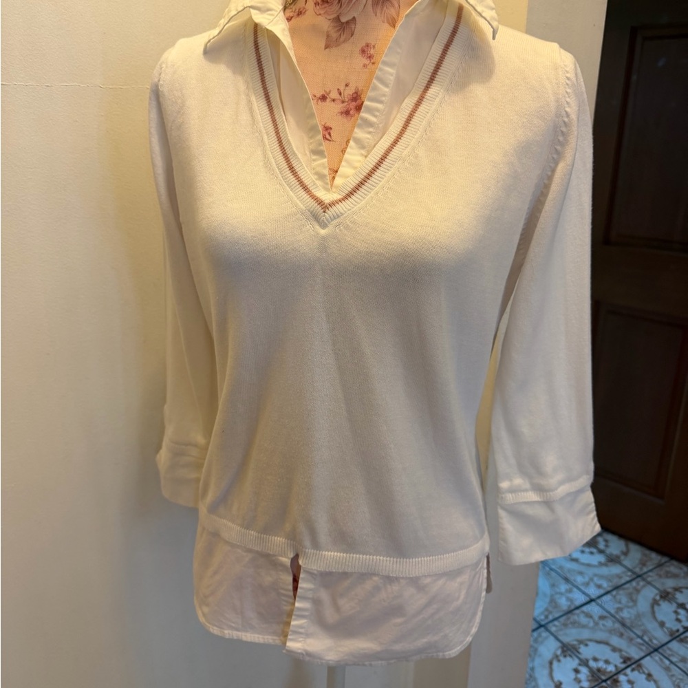 White V-Neck Layered Poplin-Trim Women's Top